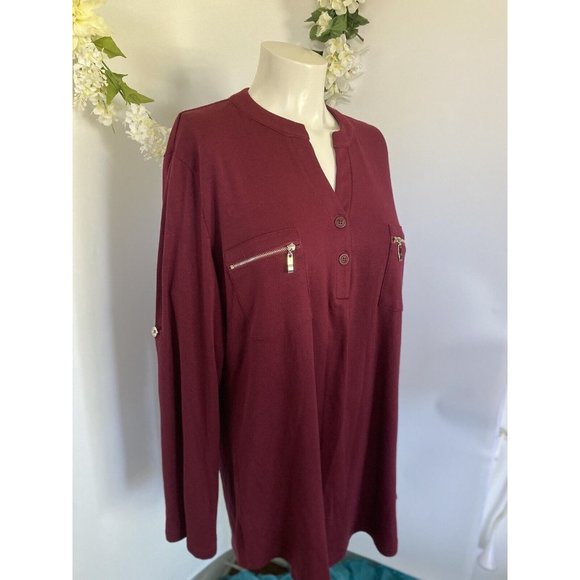 Siddhe Tunic Top Button Front V Neck 3/4 Rolled Long Sleeve Zip Burgundy 2XL NWT - Picture 13 of 16